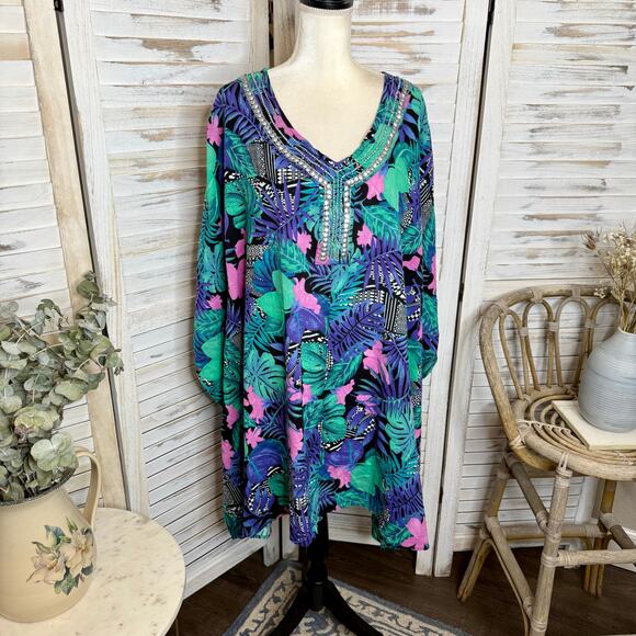 SWIMSUITS FOR ALL NWT Women's PLUS 22 24 Cover Up Top Caftan Cotton Multicolor - Picture 4 of 13